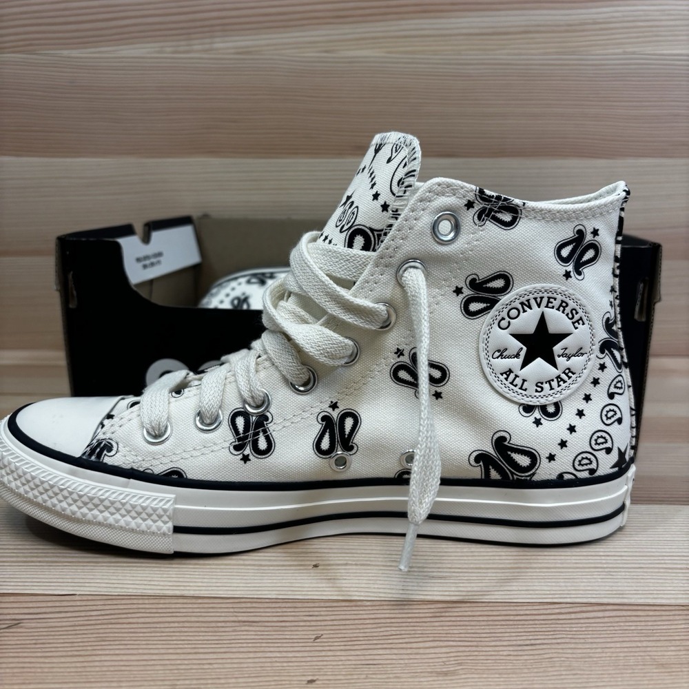 Converse Women's Sz 8.5 Chuck Taylor All Star Hi White Black Paisley Sneakers